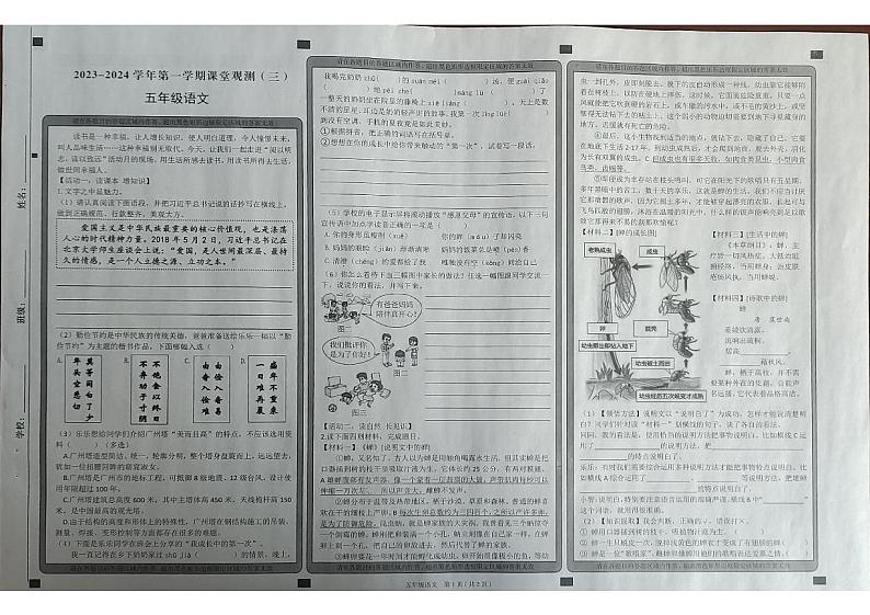 山西省大同市2023-2024学年五年级上学期课堂观测三（第二次月考）语文试卷01