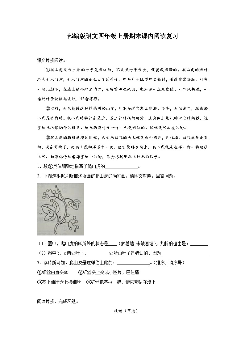 部编版语文四年级上册期末课内阅读复习试题第1页