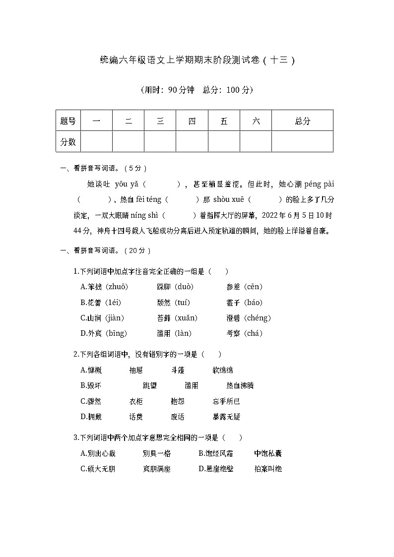 期末阶段测试卷（十三）（试题）统编版语文六年级上册第1页