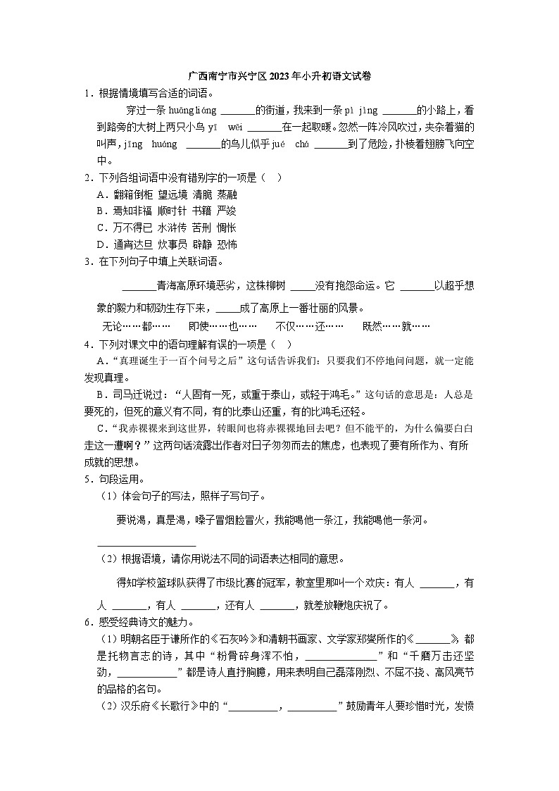 广西南宁市兴宁区2022-2023学年六年级下学期期末学科调研语文试卷01