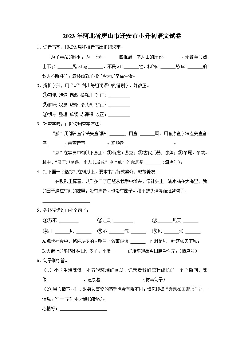 2023年河北省唐山市迁安市小升初语文试卷01