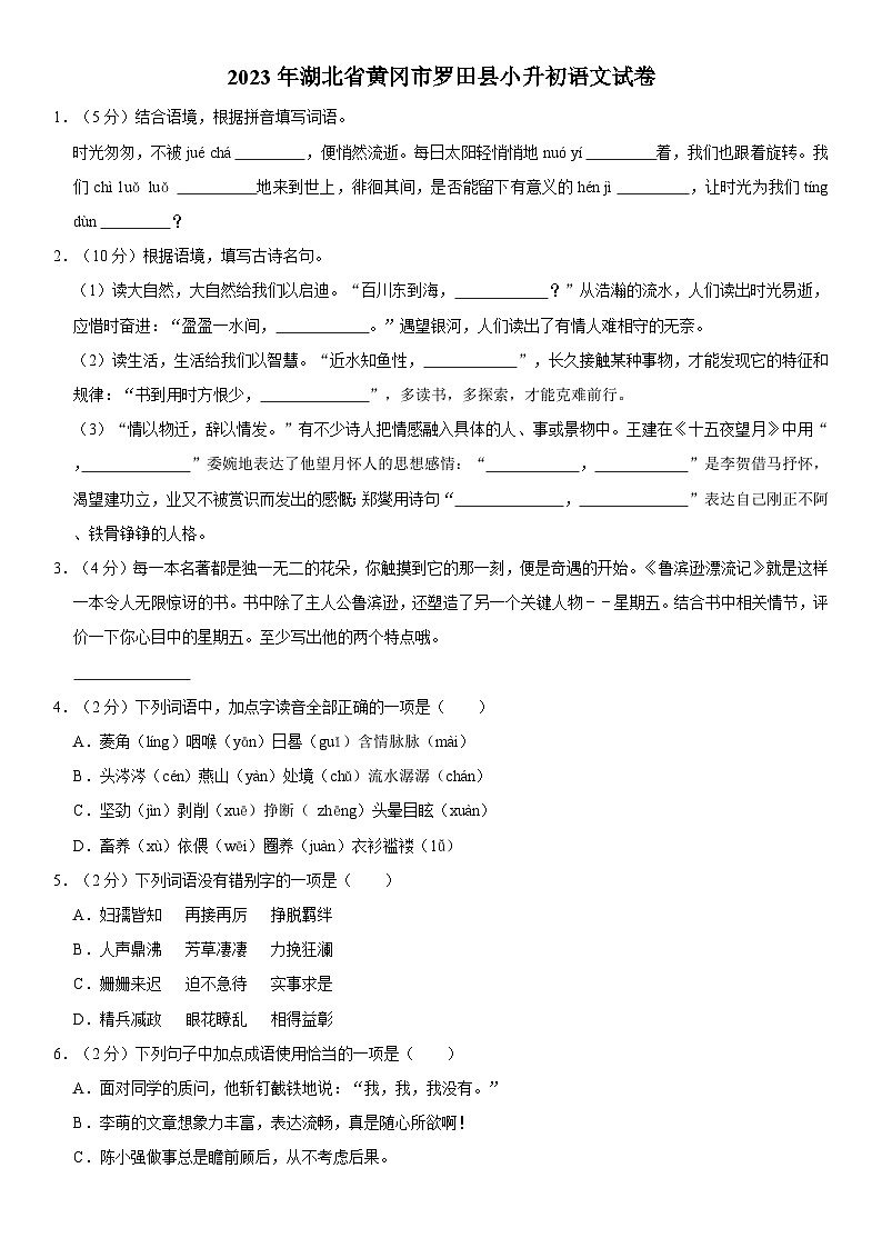 2023年湖北省黄冈市罗田县小升初语文试卷01