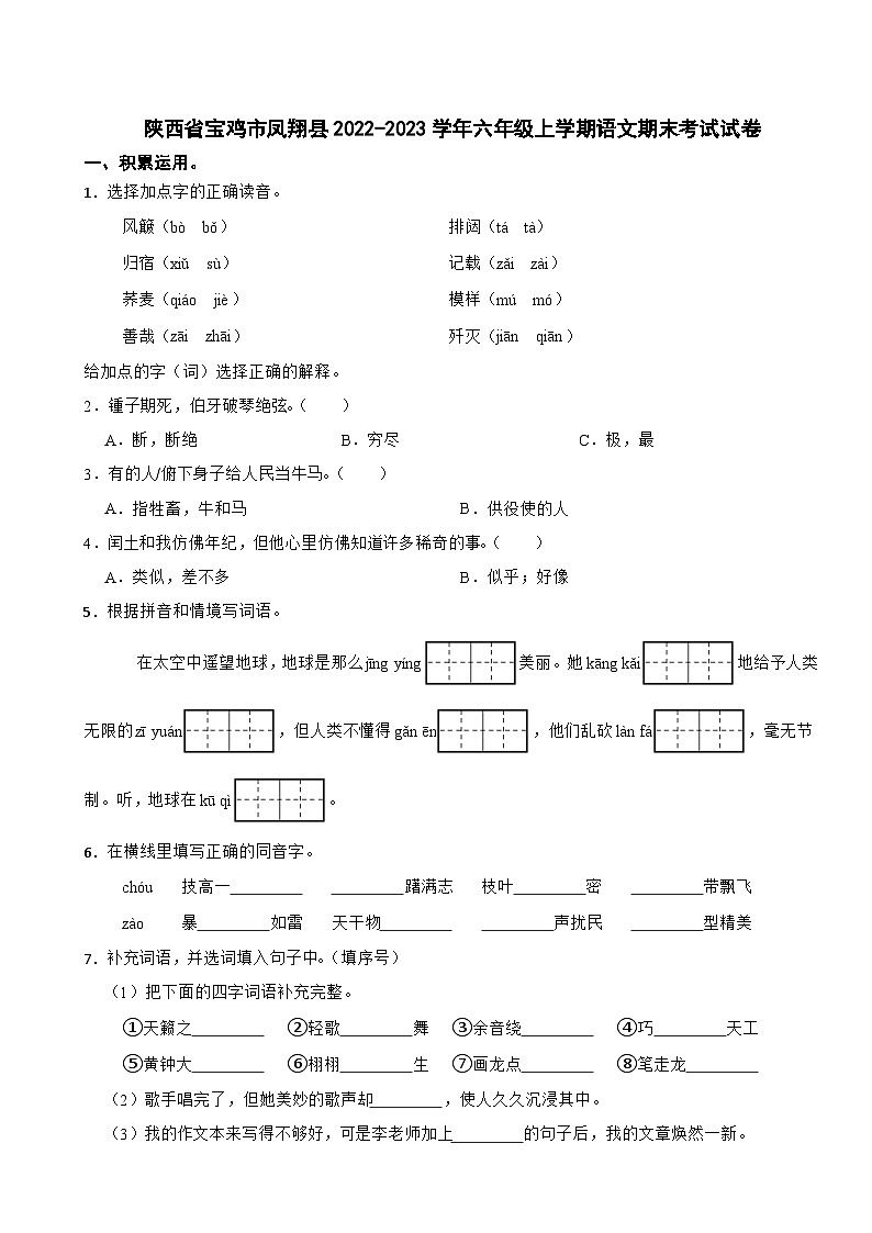陕西省宝鸡市凤翔县2022-2023学年六年级上学期期末考试语文试卷01