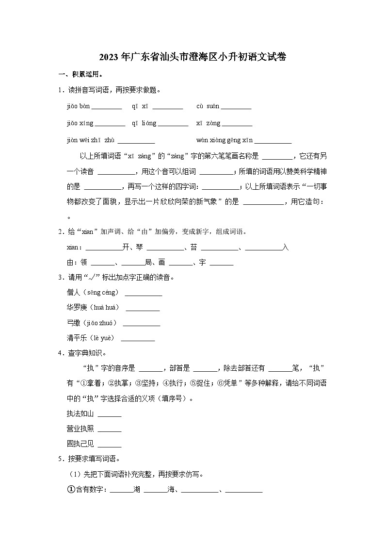 2023年广东省汕头市澄海区小升初语文试卷（含答案）01
