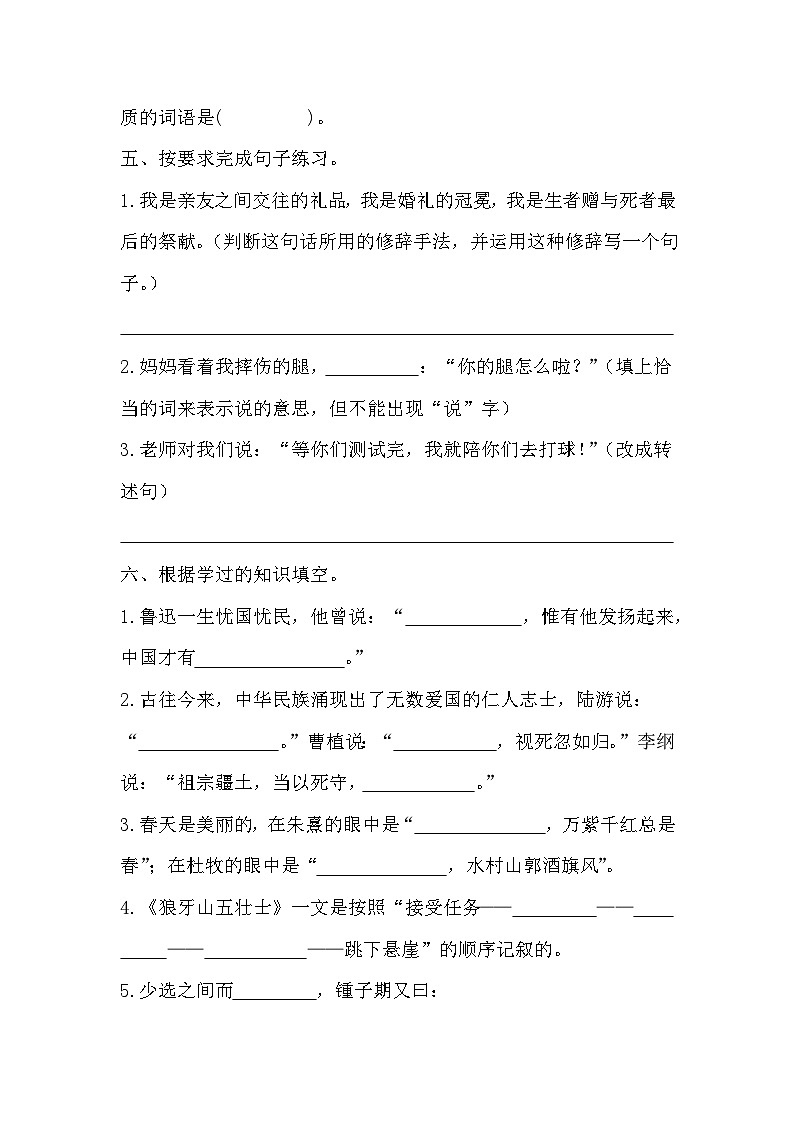 期末质量检测卷（试题）统编版语文六年级上册03