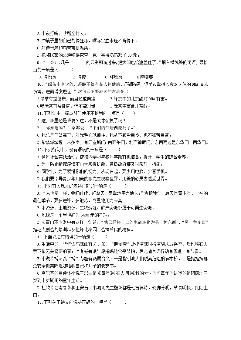 江苏省淮安市洪泽区洪泽区四校2023-2024学年六年级上学期12月月考语文试题02