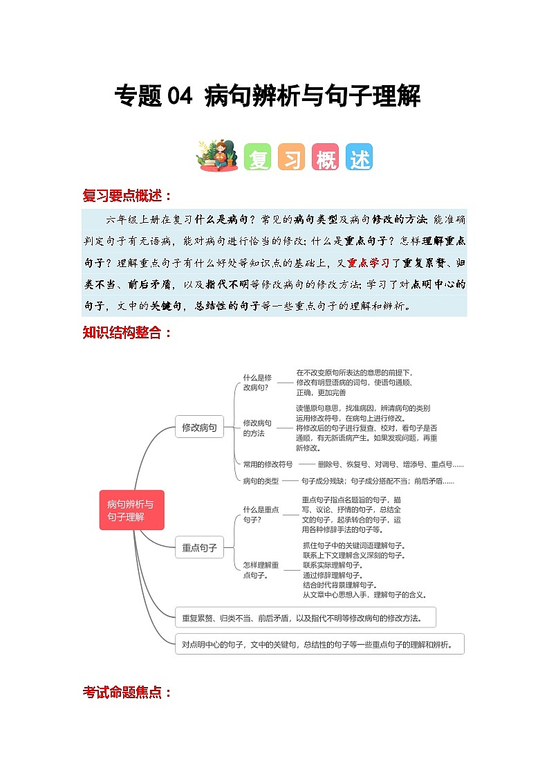 专题04+病句辨析与句子理解-2023-2024学年六年级语文寒假专项提升（统编版）01