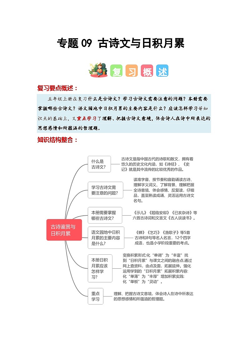 专题09+古诗文与日积月累-2023-2024学年五年级语文寒假专项提升（统编版）01