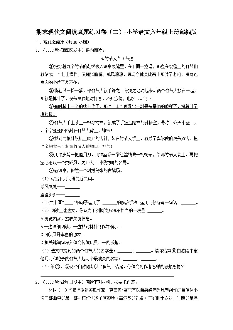 期末现代文阅读真题练习卷（二）（试题）部编版语文六年级上册01