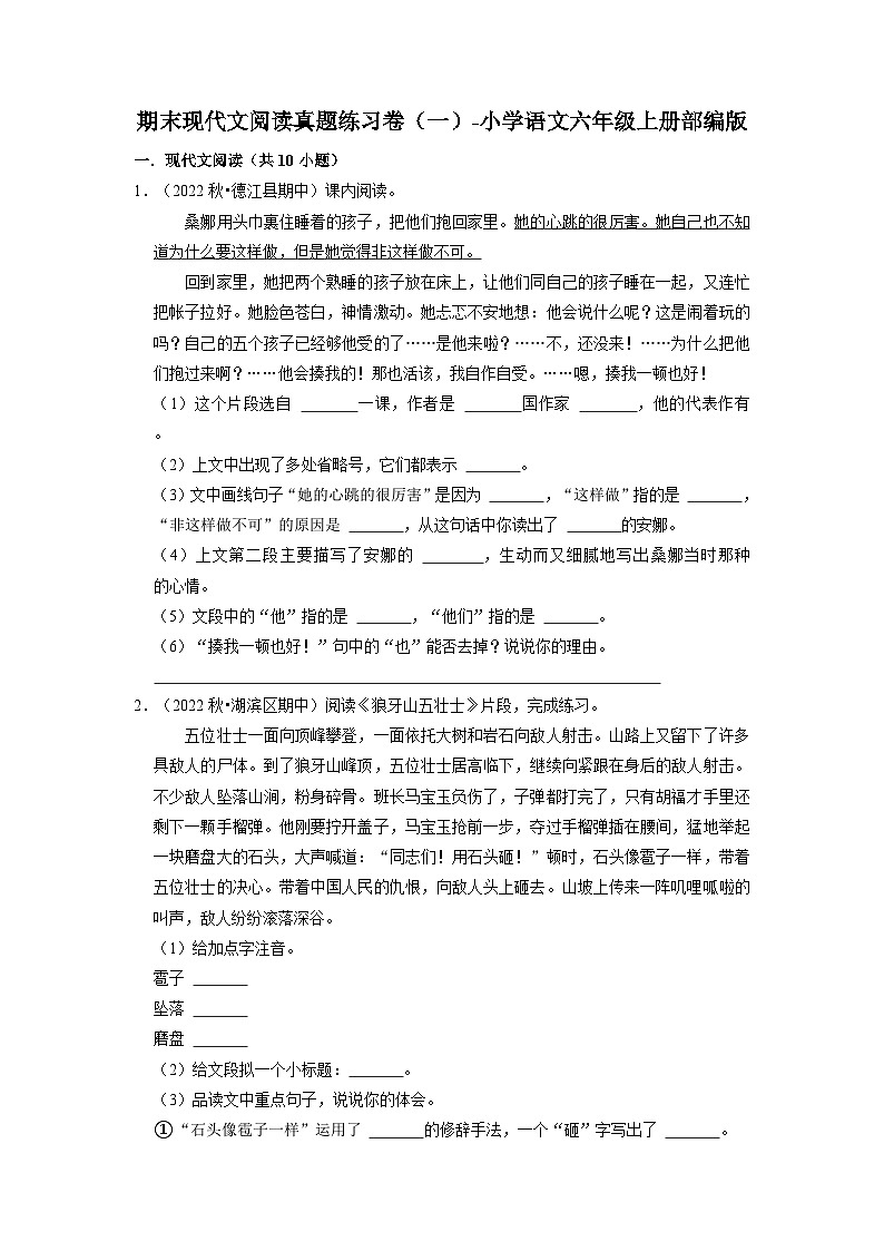 期末现代文阅读真题练习卷（一）（试题）部编版语文六年级上册01