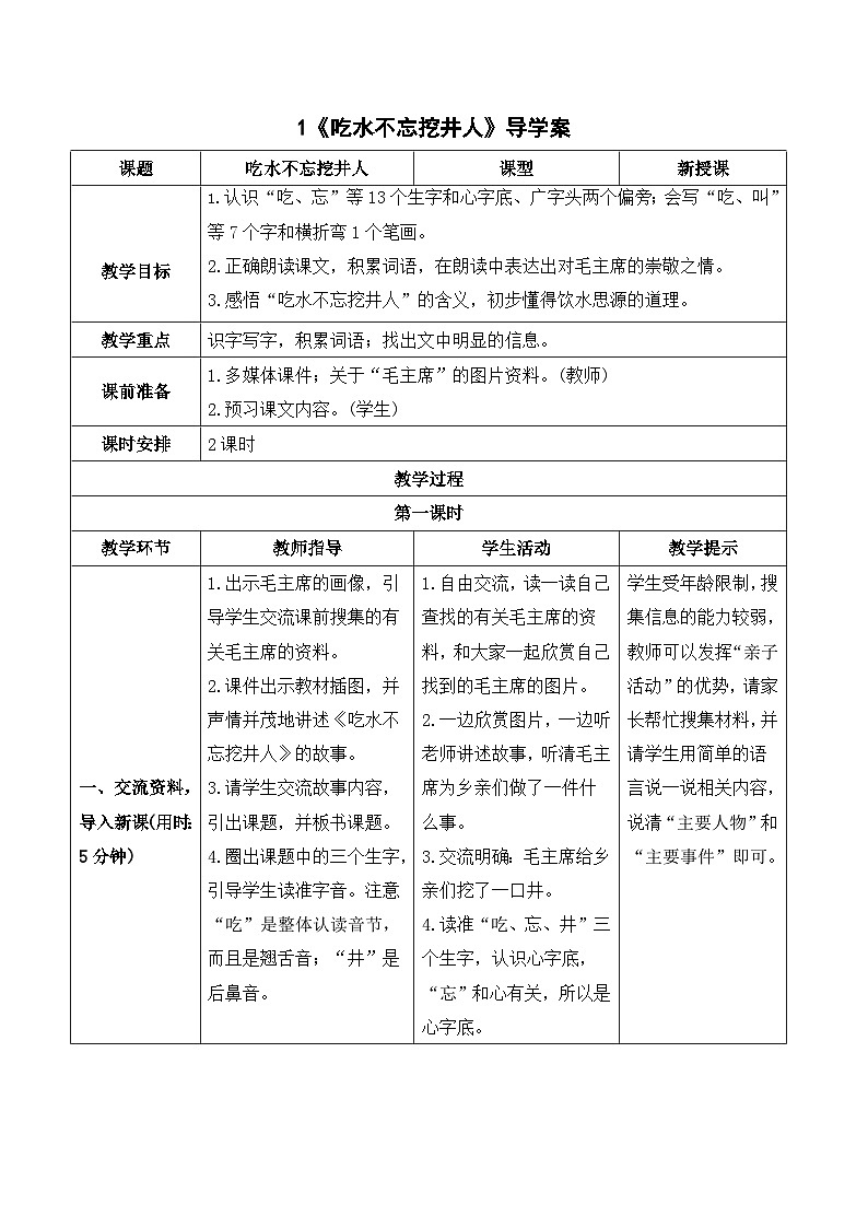 1 吃水不忘挖井人 导学案01