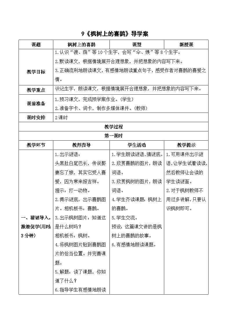 人教部编版语文二年级下册 9 枫树上的喜鹊 导学案01