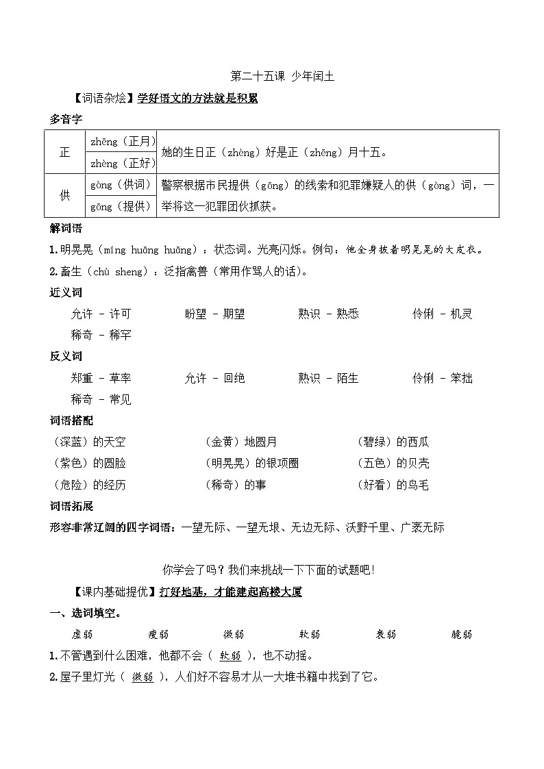 六年级语文上册（课文知识点+配套练习）25.《少年闰土》学生版+教师版01