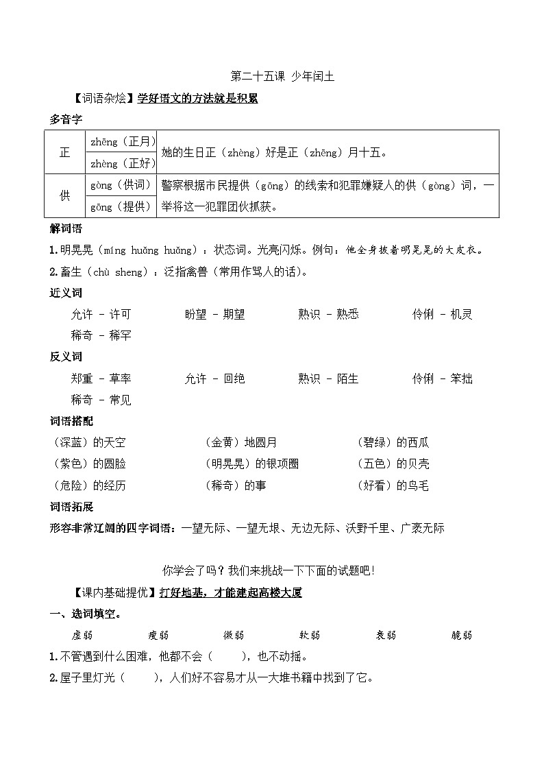 六年级语文上册（课文知识点+配套练习）25.《少年闰土》学生版+教师版01