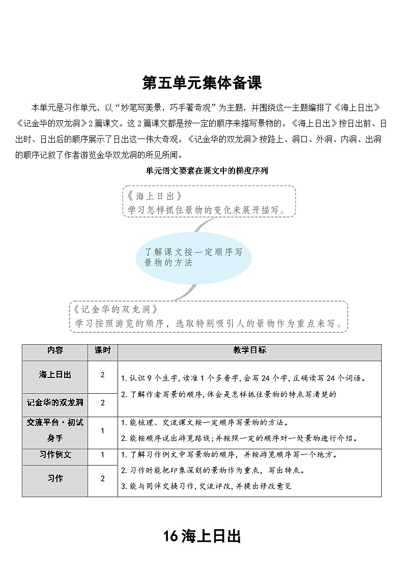 人教部编版语文四年级下册 16 海上日出 教学设计01