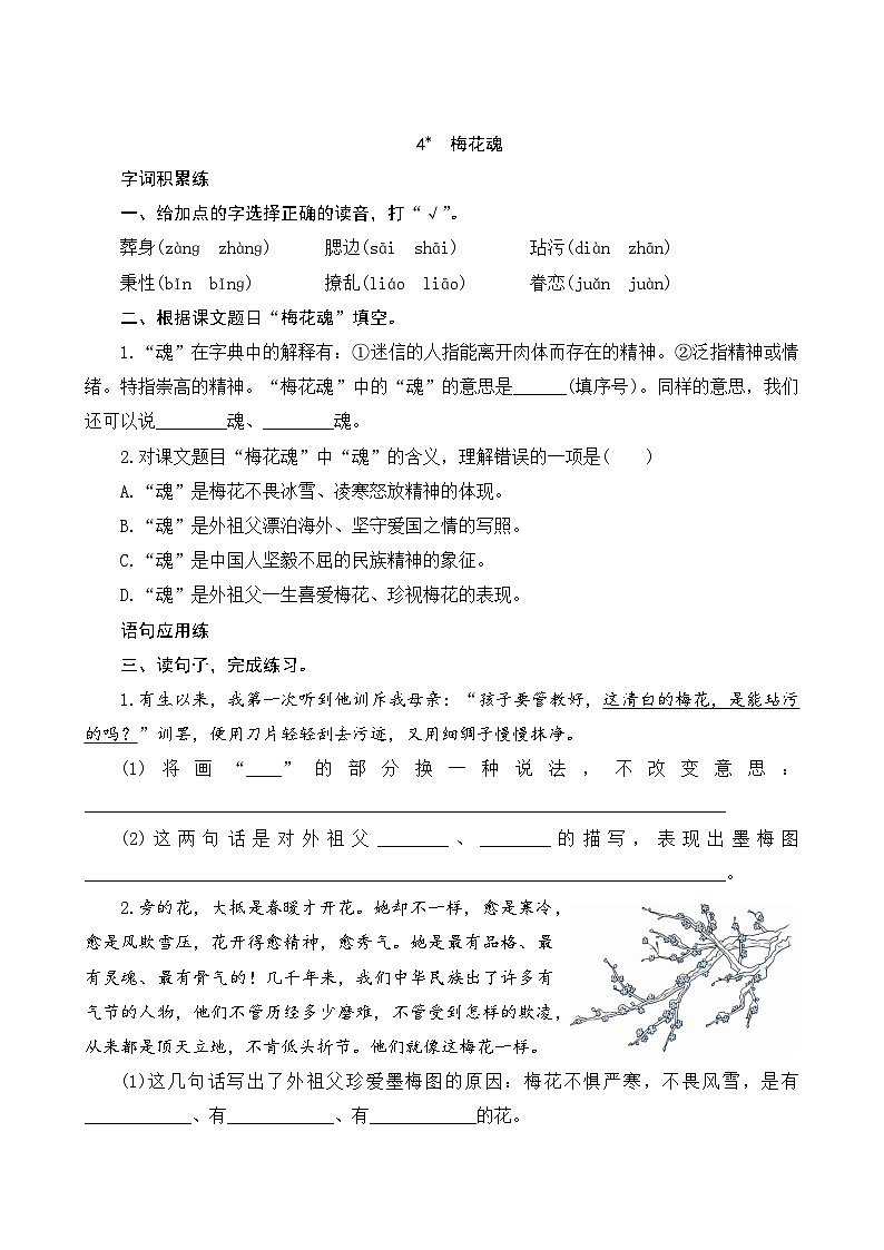 人教部编版语文五年级下册 04《梅花魂》课时训练01