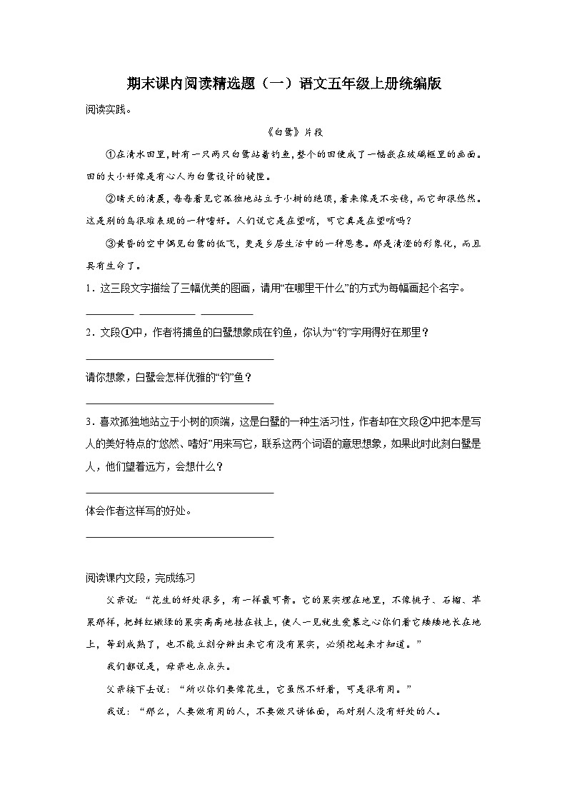期末课内阅读精选题（一）语文五年级上册统编版01
