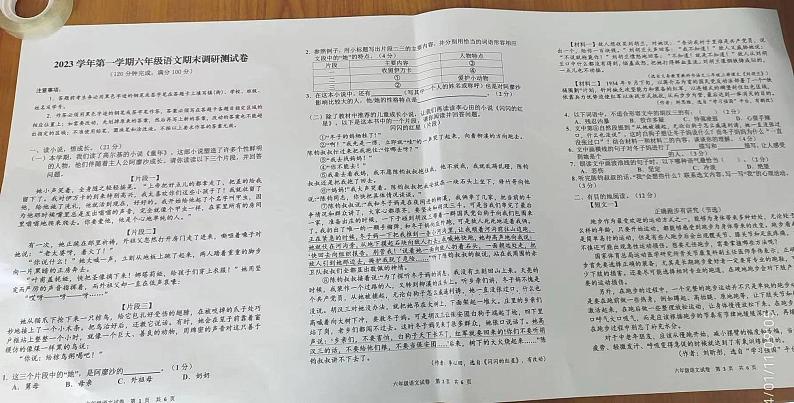 广东省广州市花都区2023-2024学年六年级上学期语文期末试卷01