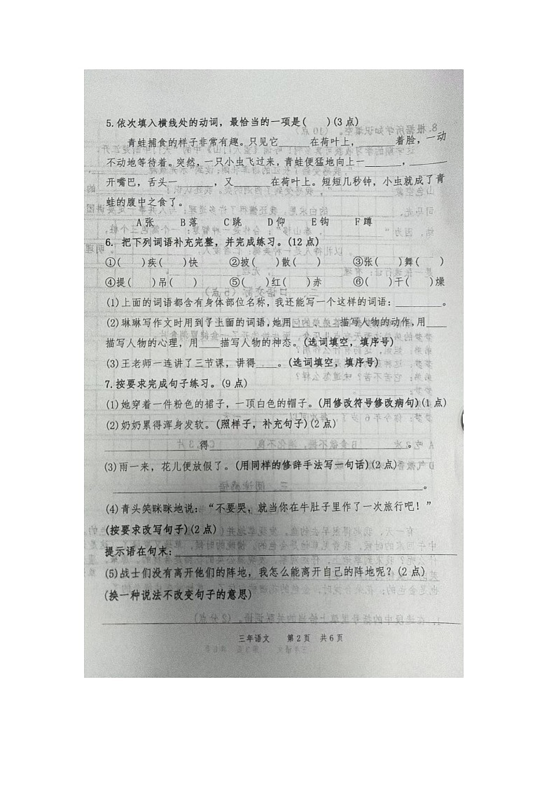 辽宁省鞍山市高新区2023-2024学年三年级上学期期末语文试卷第2页