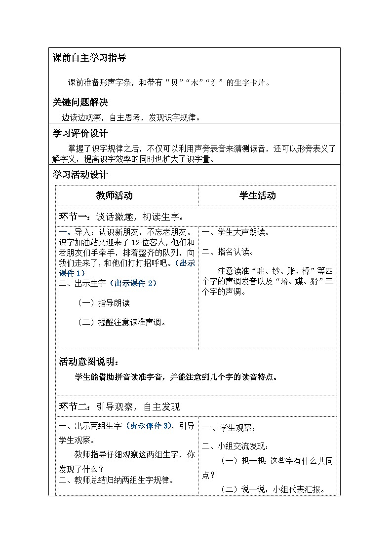 部编版四年级语文上册语文园地一  识字加油站 教学设计（表格式）02