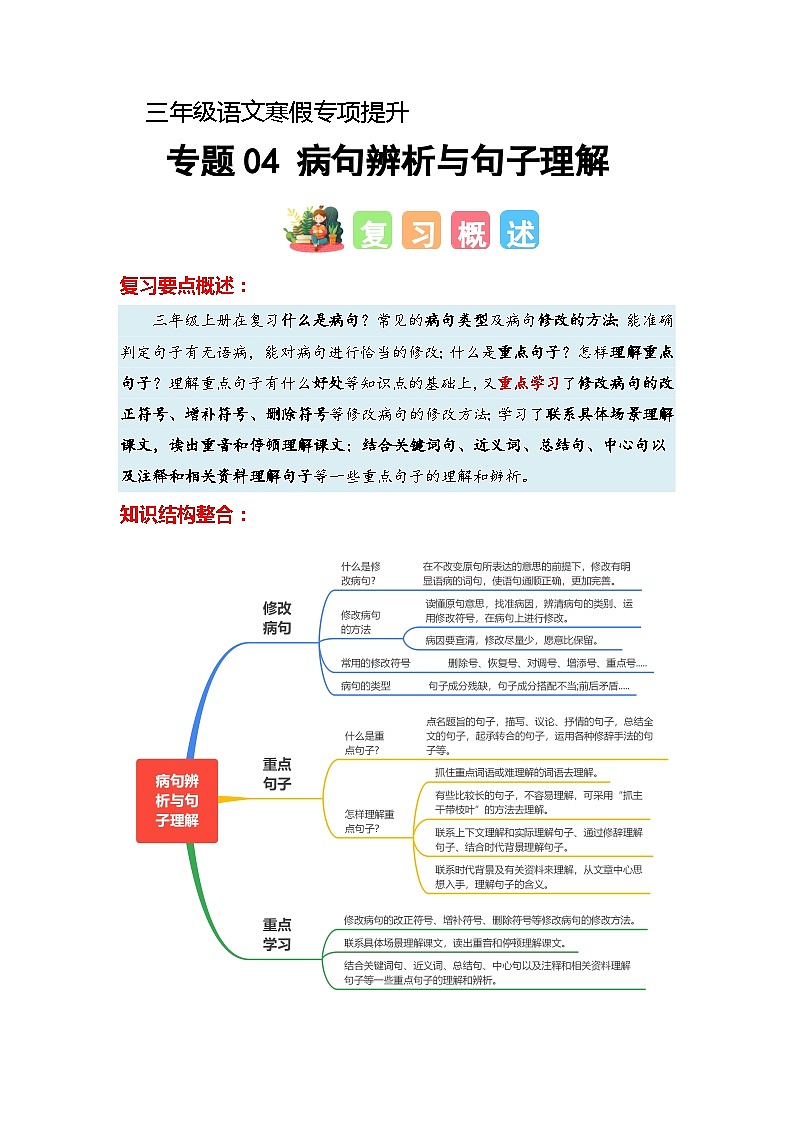 专题04 病句辨析与句子理解（知识梳理+真题演练+参考答案）2023-2024学年三年级语文寒假专项提升01