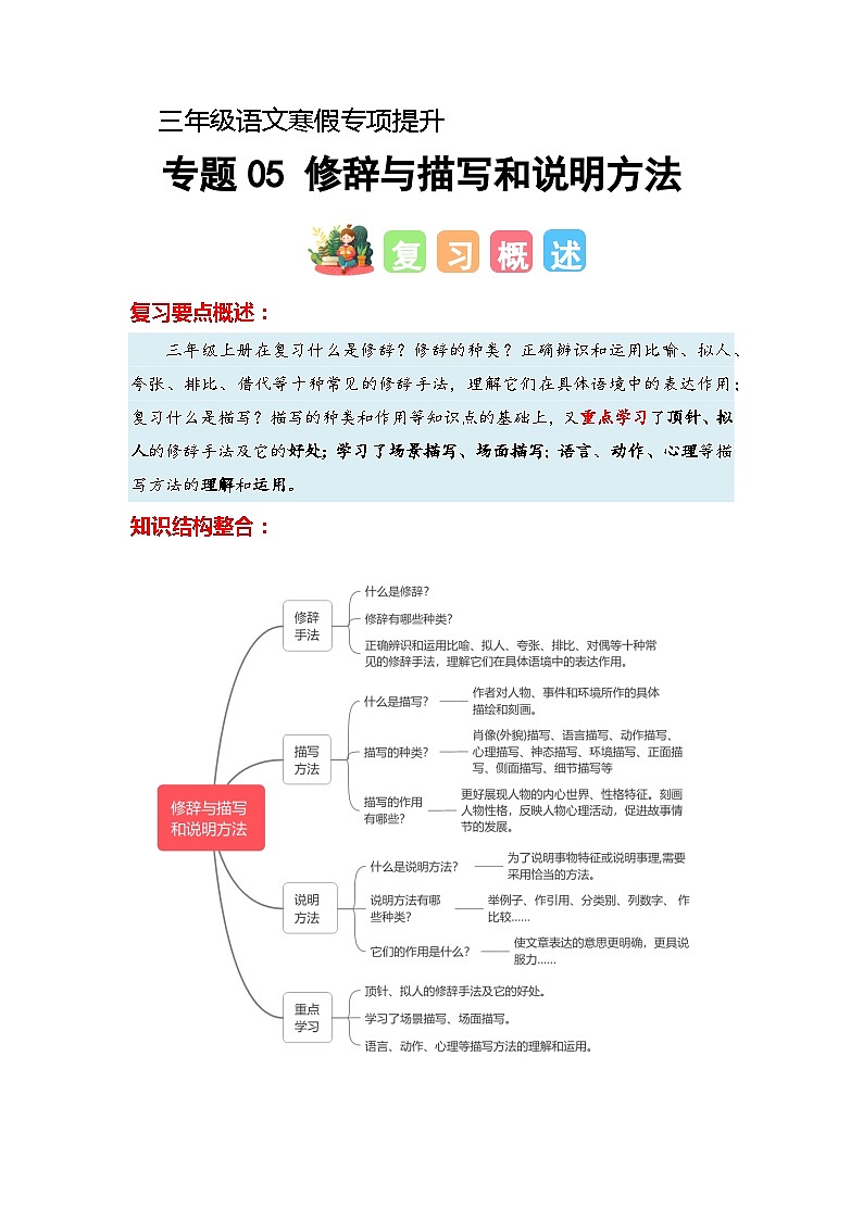 专题05 修辞与描写和说明方法（知识梳理+真题演练+参考答案）2023-2024学年三年级语文寒假专项提升01