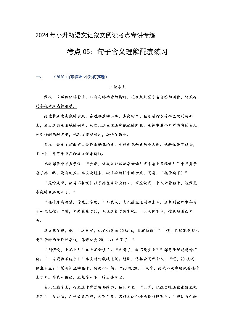 考点05：句子含义理解（练习）（学生版）2024年小升初语文 记叙文阅读专讲专练01