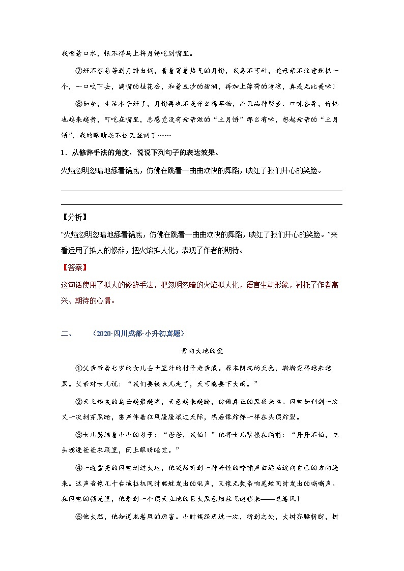考点07：文章修辞手法赏析（练习）（教师版）2024年小升初语文 记叙文阅读专讲专练02