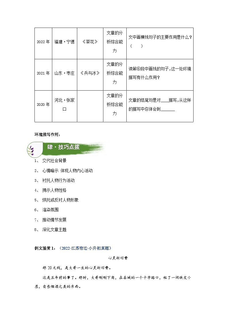考点09：环境描写作用判断（教案）（教师版）2024年小升初语文 记叙文阅读专讲专练02