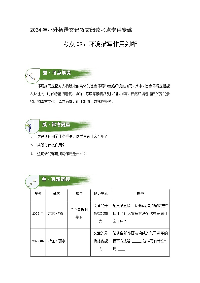 考点09：环境描写作用判断（学案）（学生版）2024年小升初语文 记叙文阅读专讲专练01