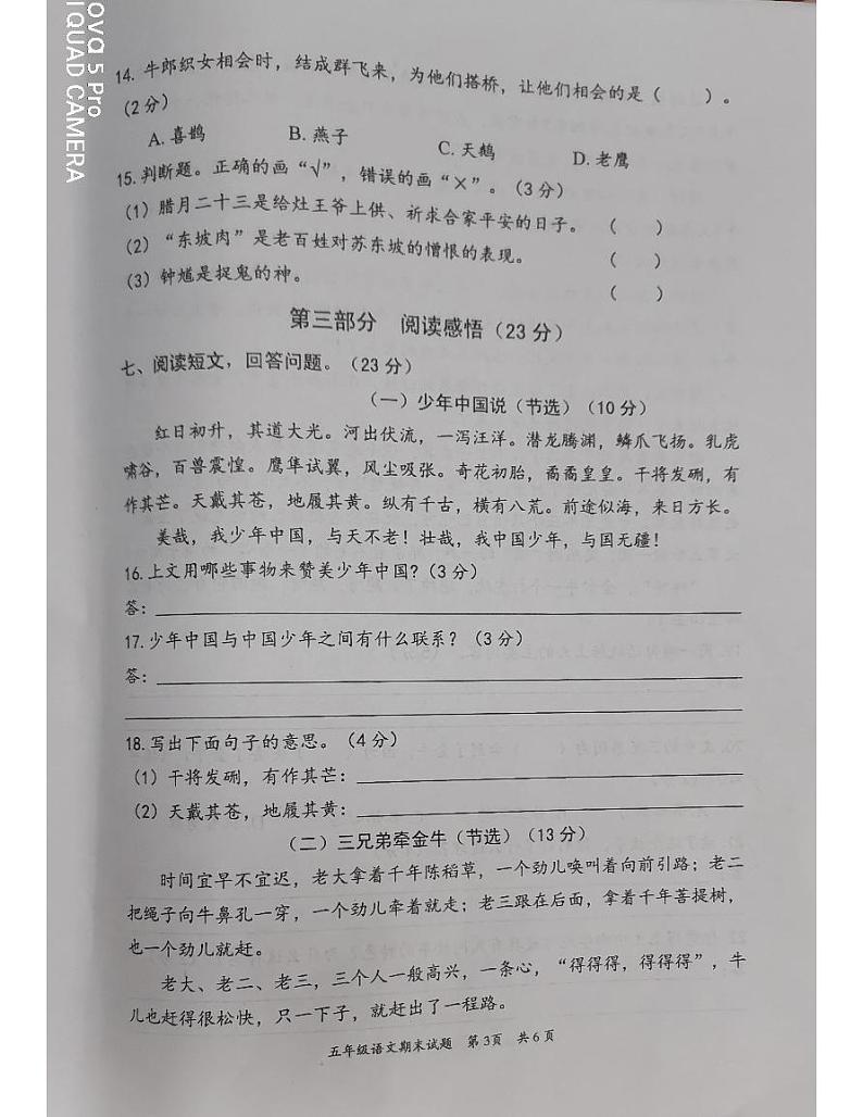 广东省惠州市惠阳区2023-2024学年五年级上学期期末质量检测语文试题第3页