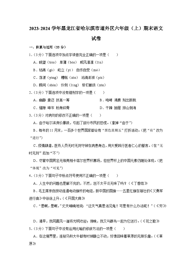 黑龙江省哈尔滨市道外区2023-2024学年六年级上学期期末语文试卷01
