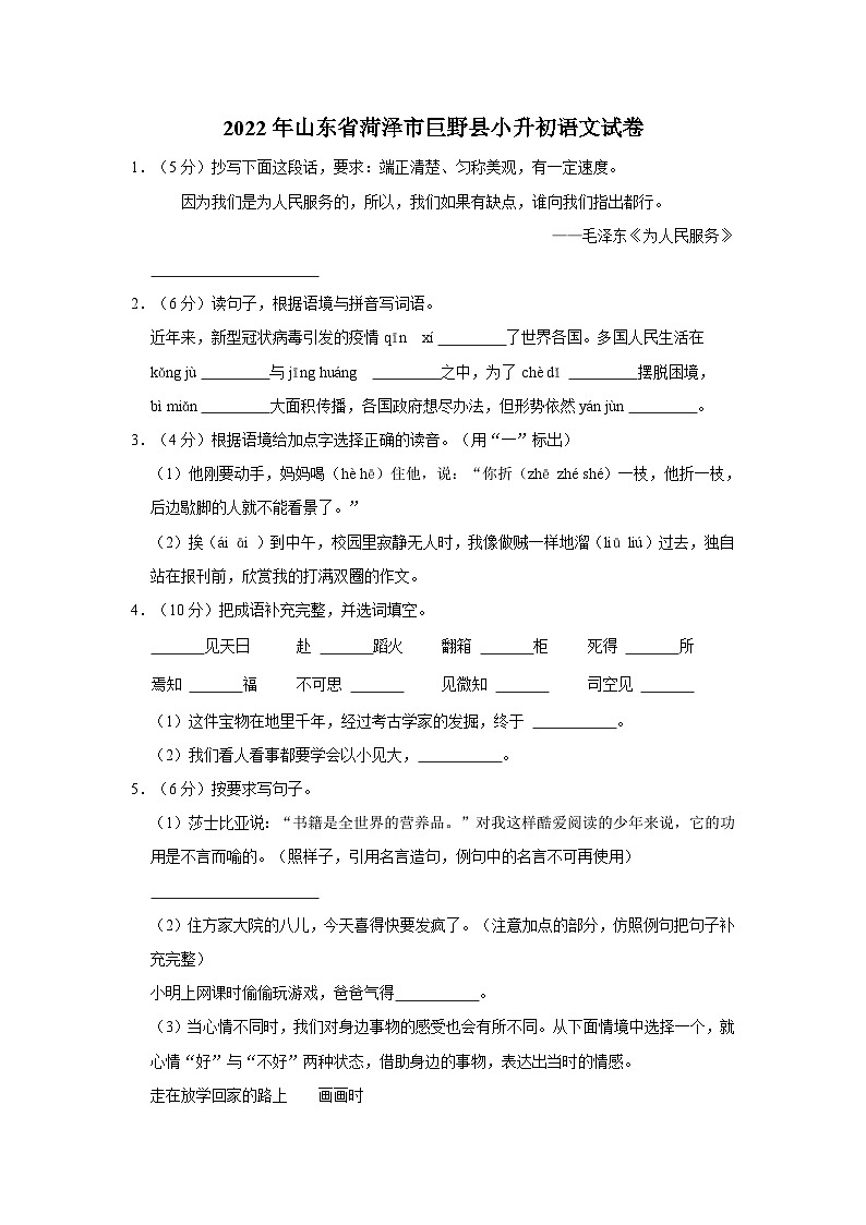 2022年山东省菏泽市巨野县小升初语文试卷01