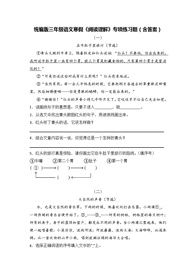 统编版三年级语文寒假《阅读理解》专项练习题（含答案）01