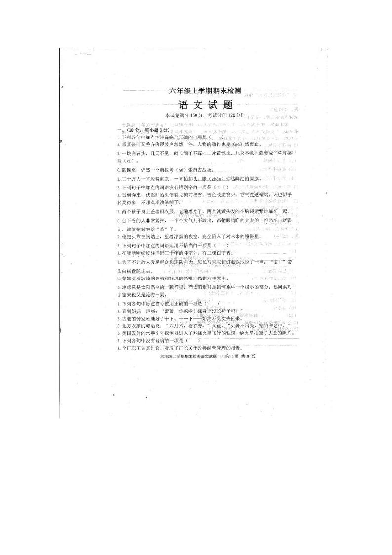 山东省泰安市新泰市2023-2024学年（五四学制）六年级上学期期末考试语文试题01