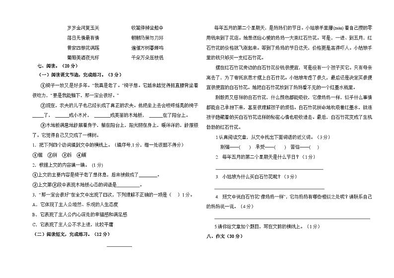 山东省聊城市阳谷县2023-2024学年三年级上学期期末测试语文试卷02