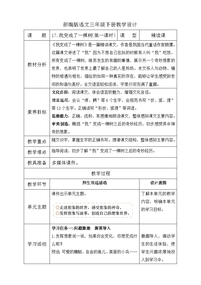 【核心素养】部编版语文三年级下册-17. 我变成了一棵树 第1课时（课件+教案+学案+习题）01