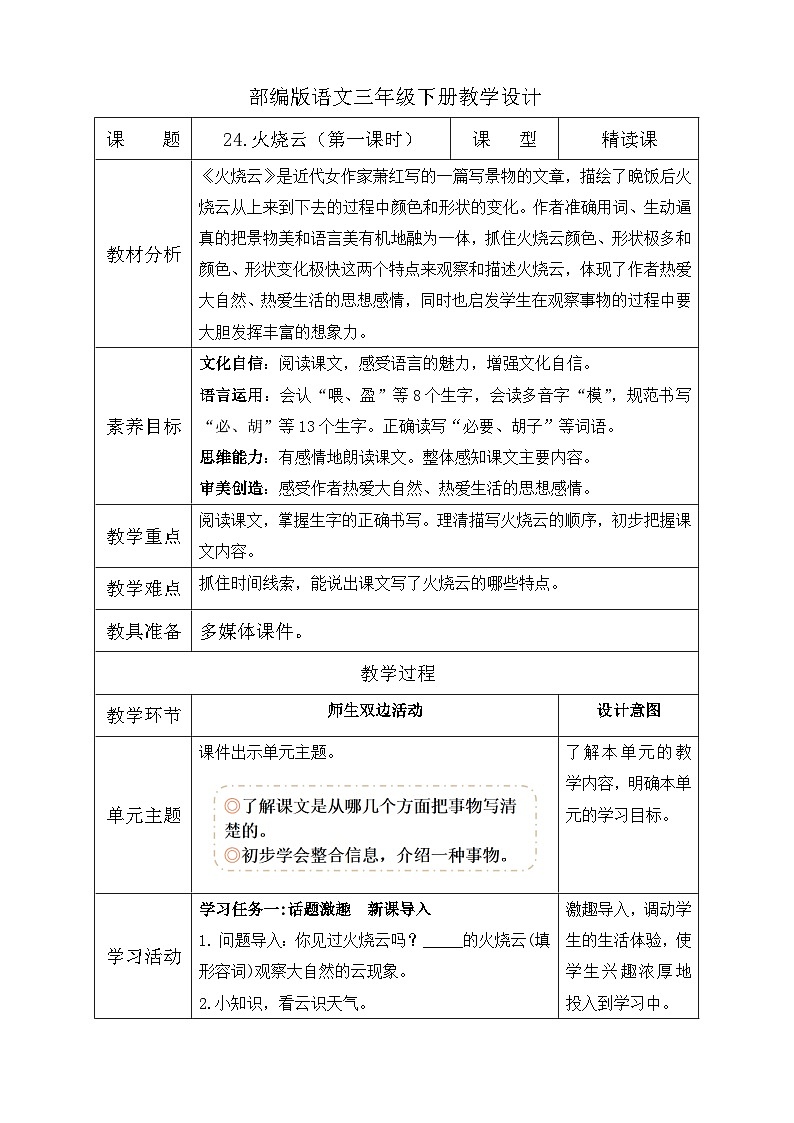 【核心素养】部编版语文三年级下册-24. 火烧云 第1课时（课件+教案+学案+习题）01