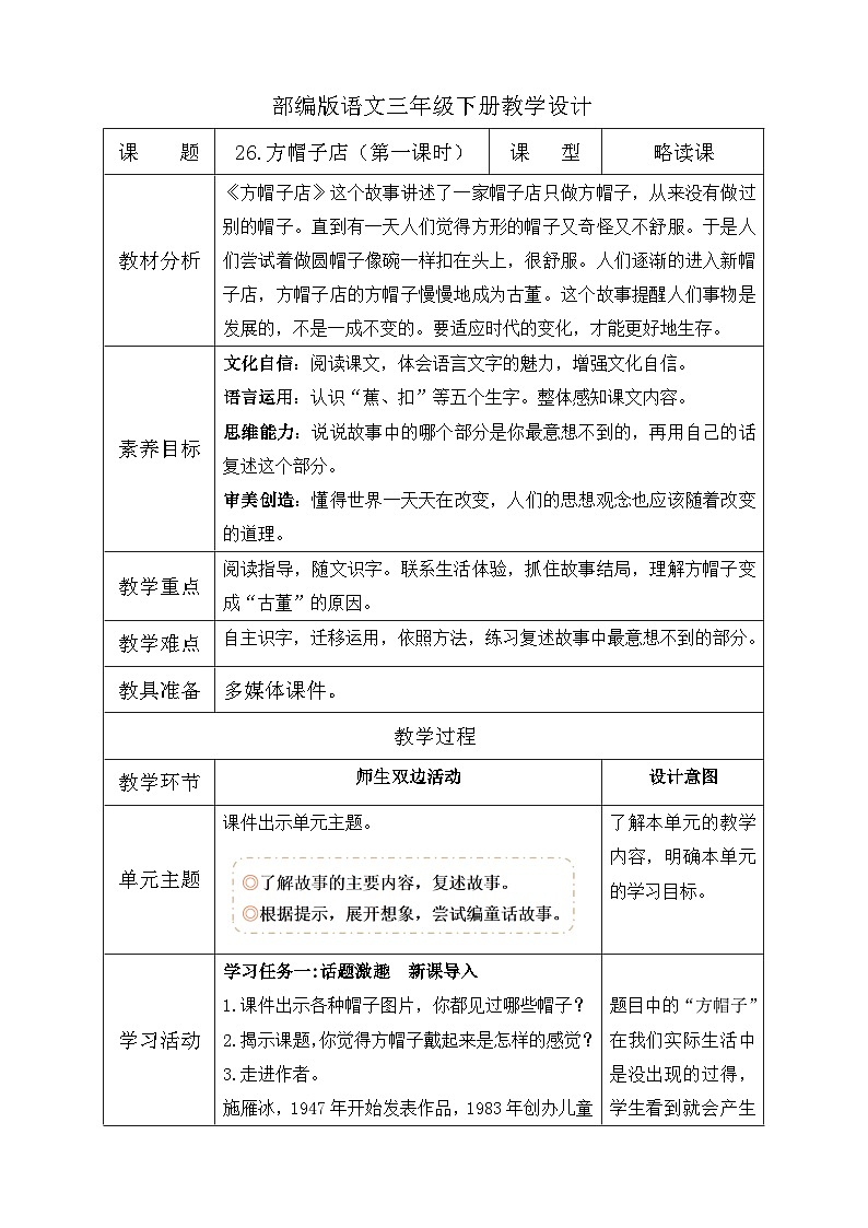 【核心素养】部编版语文三年级下册-26. 方帽子店（课件+教案+学案+习题）01