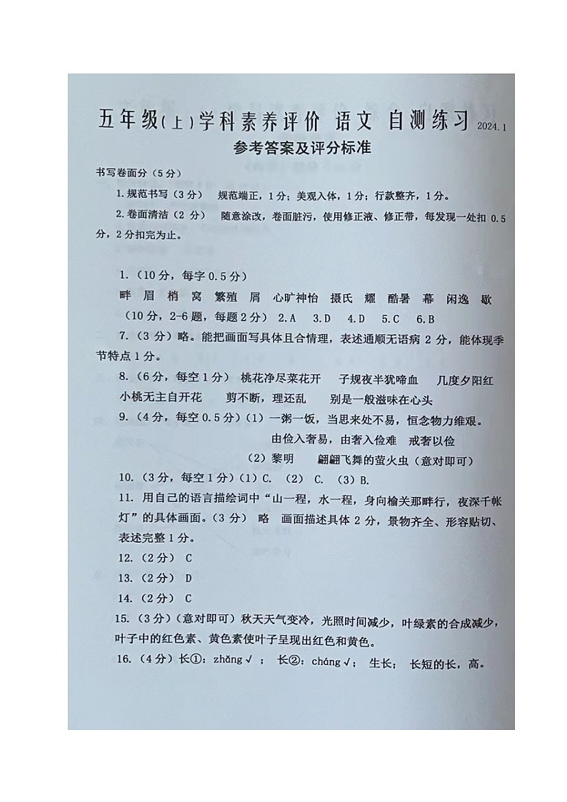 江苏省兴化市2023-2024学年五年级上学期期末语文试卷01