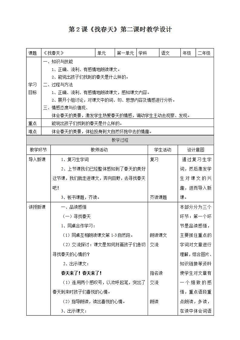 人教部编版语文二年级下册 第二课《找春天》第2课时 课件+教案01