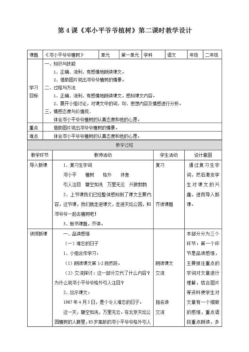 人教部编版语文二年级下册 第四课《邓小平爷爷植树》第二课时 课件+教案01