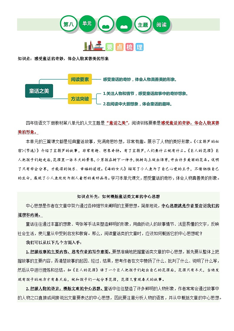 第八单元（知识梳理+精选阅读）-四年级语文下册单元主题阅读理解（部编版）第1页