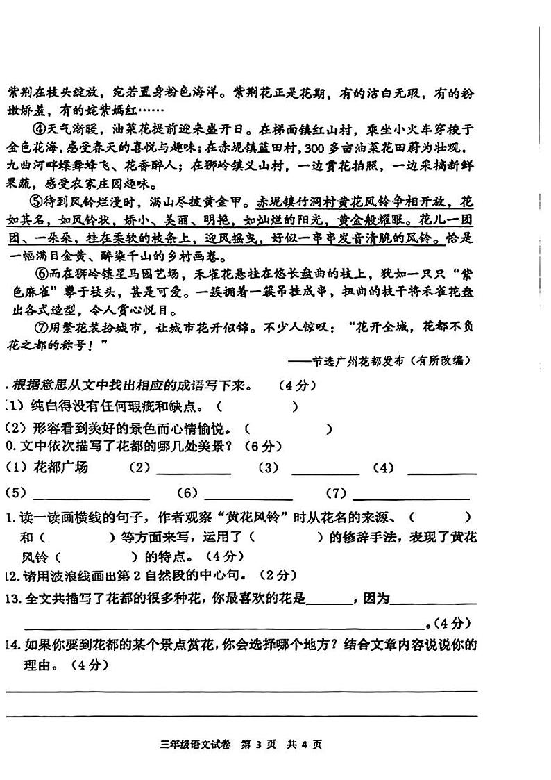广州花都区2023-2024三年级上册语文期末试卷及答案03