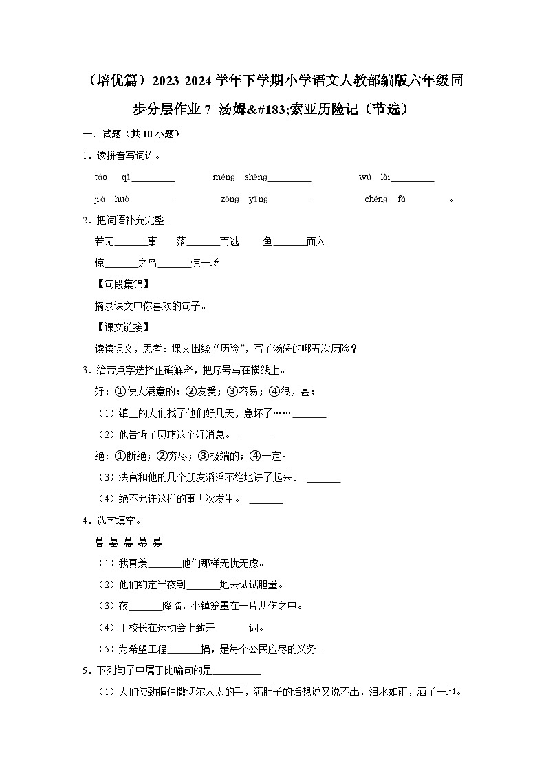 （培优篇）2023-2024学年下学期小学语文人教部编版六年级同步分层作业7 汤姆·索亚历险记（节选）第1页