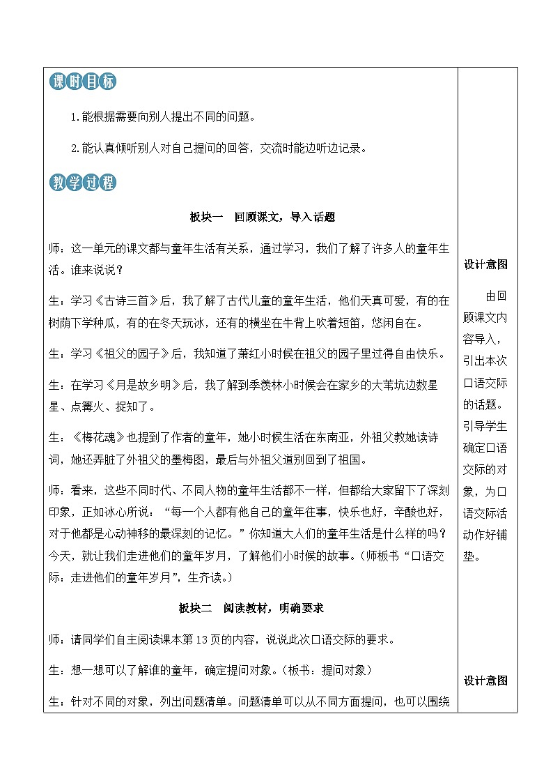人教版五下语文 第一单元 口语交际：走进他们的童年岁月 【新学习单课件+教案】02