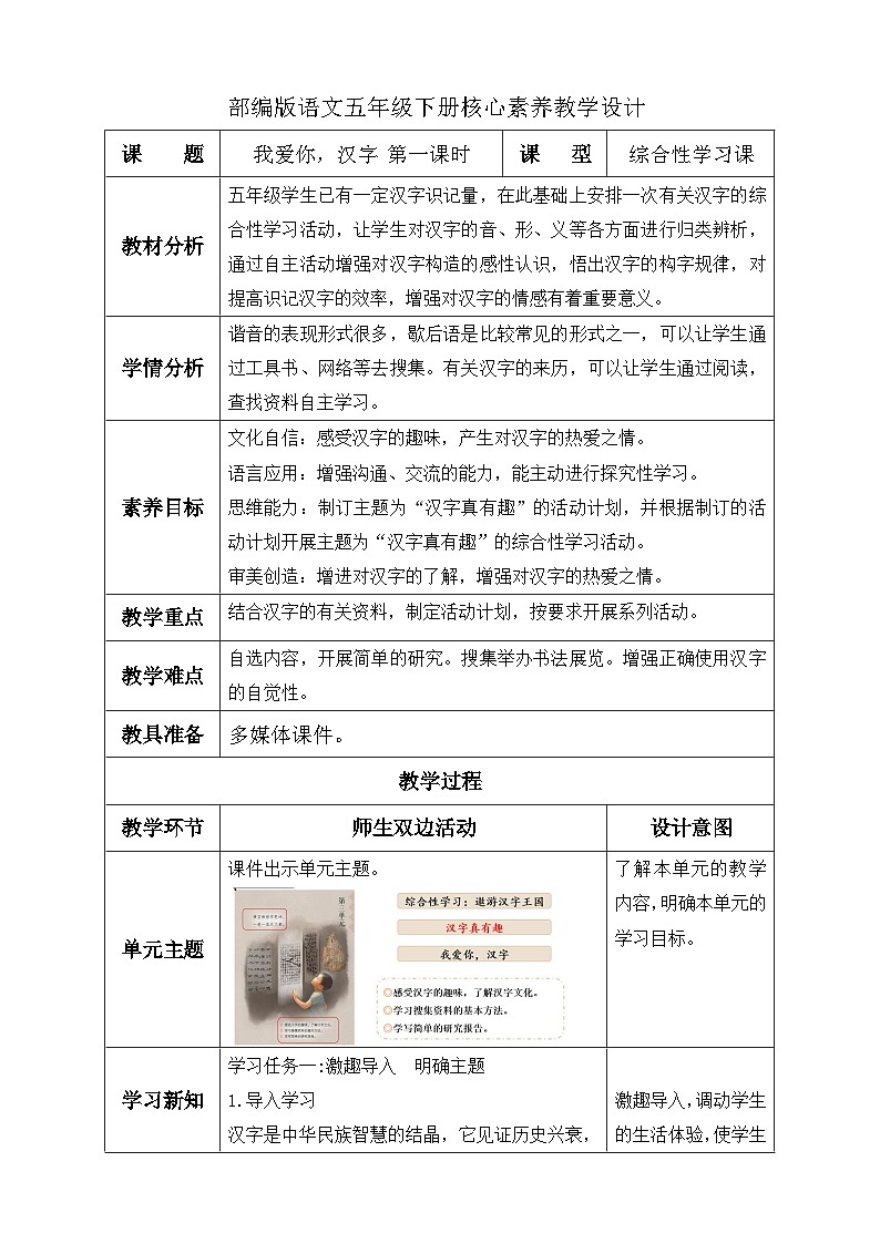 【核心素养】部编版语文五年级下册-综合性学习：我爱你，汉字 第1课时（课件+教案+导学案+分层作业）01