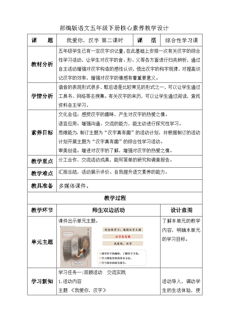 【核心素养】部编版语文五年级下册-综合性学习：我爱你，汉字 第2课时（课件+教案+导学案+分层作业）01