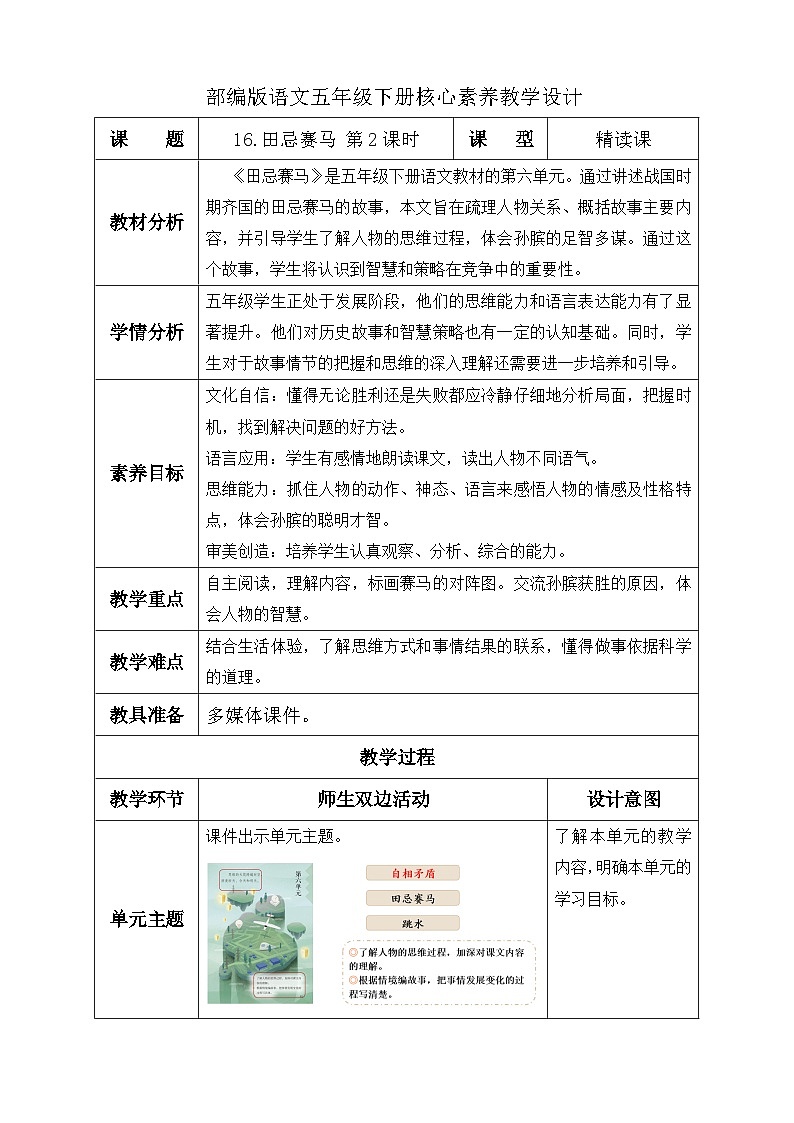 【核心素养】部编版语文五年级下册-16.田忌赛马 第2课时（教学设计含反思）第1页