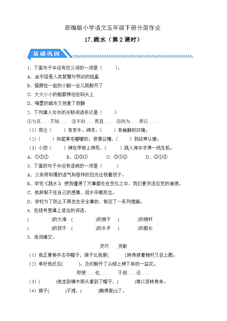 【核心素养】部编版语文五年级下册-17.跳水 第2课时（课件+教案+导学案+分层作业）01